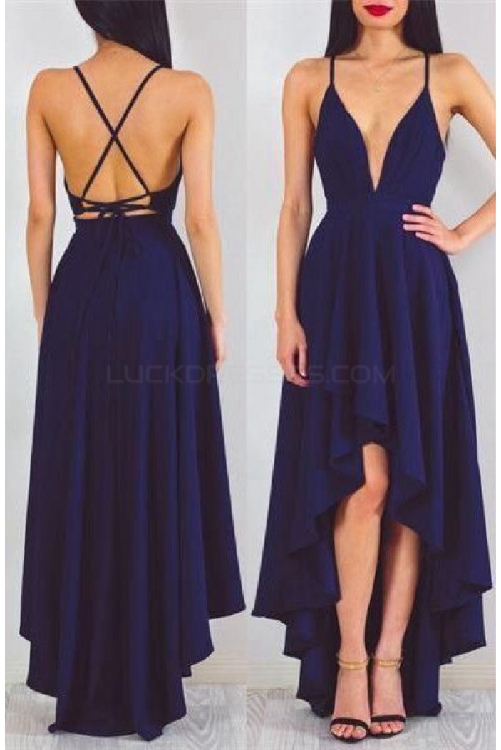 High Low V-Neck Spaghetti Straps Blue Prom Formal Evening Party Dresses 3021470