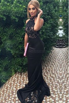 Long Black Lace Halter Mermaid Prom Formal Evening Party Dresses 3021496