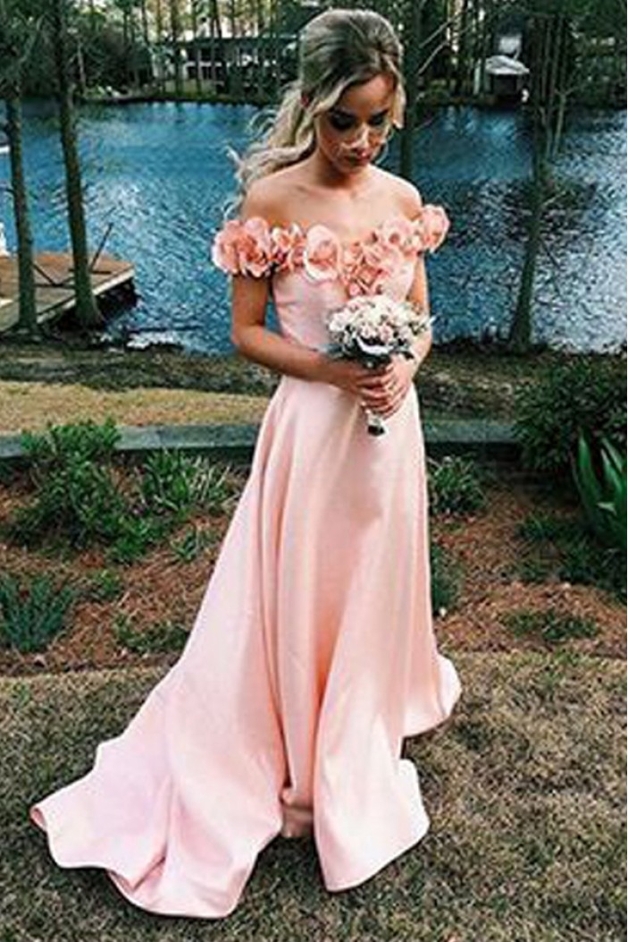 A-Line Off-the-Shoulder Prom Formal Evening Party Dresses with Handmade Flowers 3021502