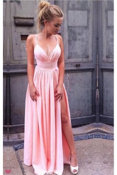 Long Pink V-Neck Prom Evening Formal Dresses with Side Slit 3021542