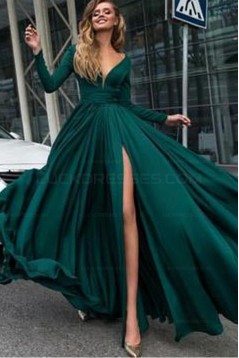 Sexy Deep V-Neck Prom Dress Long Sleeves Evening Gowns with Side Split 3021547