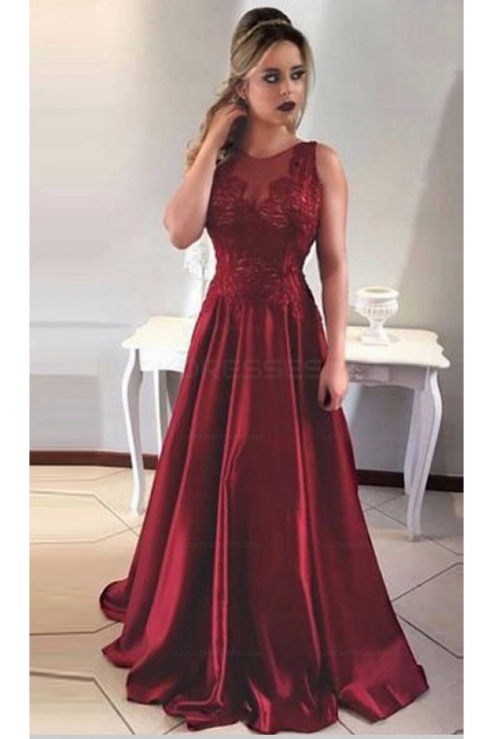 A-Line Satin Lace Long Prom Evening Formal Dresses 3021549