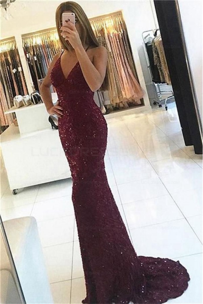 Mermaid V-Neck Sequins Long Prom Evening Formal Dresses 3021575