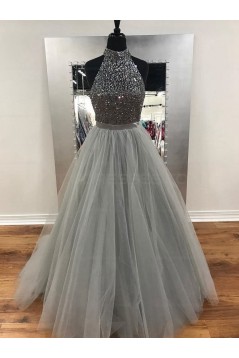 Beaded Tulle Ball Gown Halter Long Prom Evening Formal Dresses 3021576
