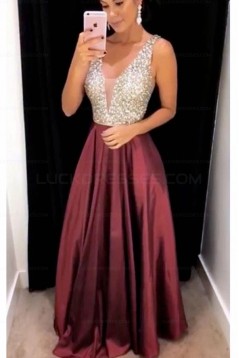 A-Line V-Neck Beaded Long Prom Evening Formal Dresses 3021577