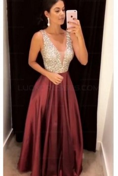 A-Line V-Neck Beaded Long Prom Evening Formal Dresses 3021577