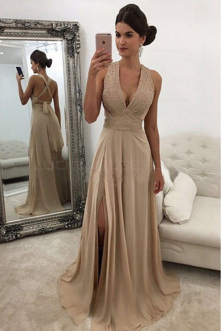 Column V-Neck Beaded Long Prom Evening Party Dresses 3021583