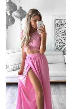 Two Pieces Lace See Through Top Chiffon Pink Prom Evening Formal Dresses 3020164
