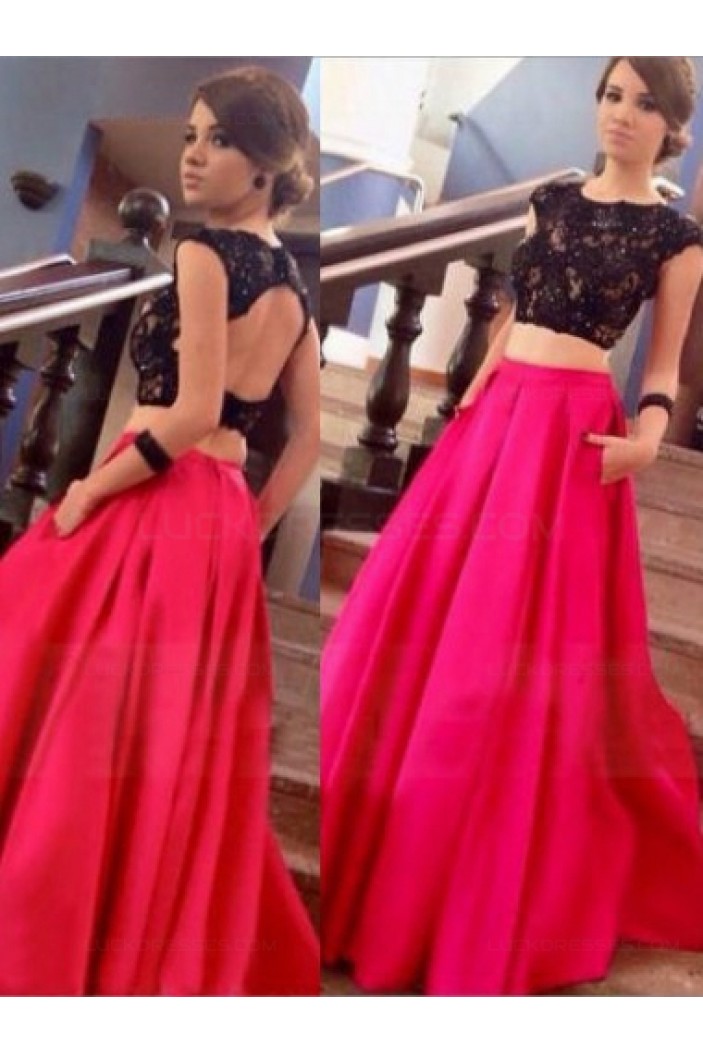 Two Pieces Black Lace Top Long Prom Evening Formal Dresses 3020168