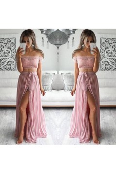 Two Piece Prom Dresses Lace Top Off-the-Shoulder Short Sleeves Thigh-High Slit Sexy Evening Gowns 3020192