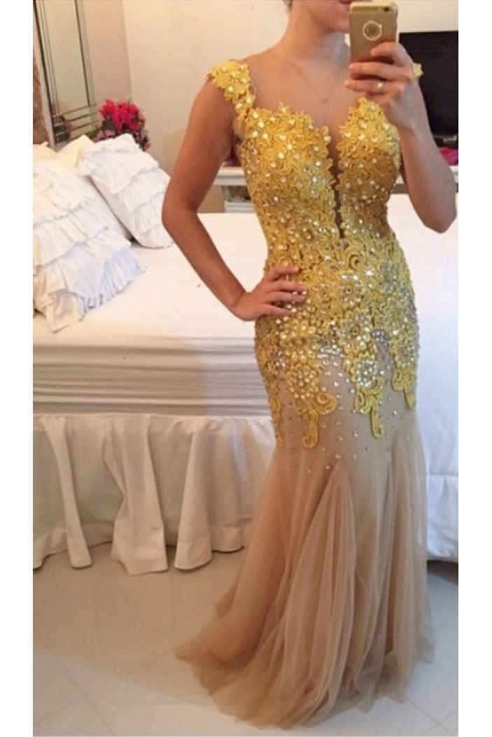 God Lace Appliques See Through Back Long Prom Dresses Evening Gowns 3020201