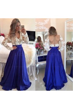 Royal Blue White Long Sleeves Prom Dresses Evening Gowns 3020203