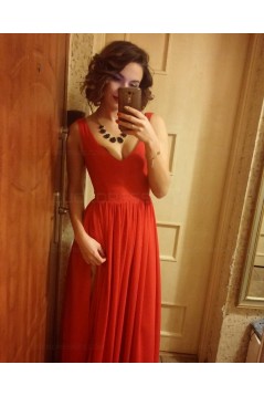 V-Neck Straps Sleeveless Long Red Chiffon Bridesmaid Prom Dresses Evening Gowns 3020205