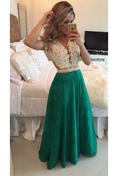 A-Line Short Sleeves Lace Chiffon Royal Blue White Long Prom Dresses Evening Gowns 3020206