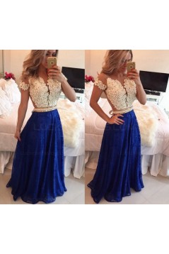A-Line Short Sleeves Lace Chiffon Royal Blue White Long Prom Dresses Evening Gowns 3020206