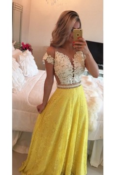 A-Line Short Sleeves Lace Chiffon Royal Blue White Long Prom Dresses Evening Gowns 3020206