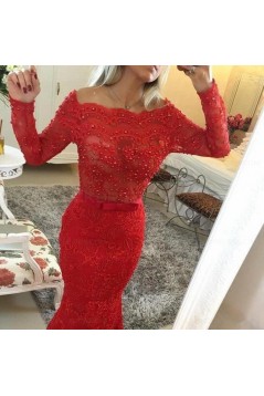 Red Long Sleeves Lace Mermaid Prom Dresses Evening Gowns 3020207