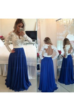 Royal Blue White Lace Chiffon Long Sleeves Prom Dresses Evening Gowns 3020208