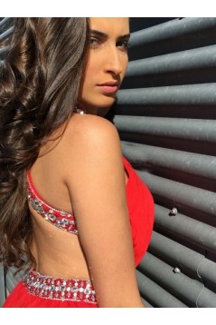 Beaded Red Long Chiffon Prom Dresses Evening Gowns 3020212