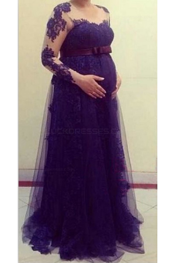 Long Sleeves Purple Lace Maternity Dresses Evening Gowns 3020216