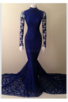 Long Sleeves High Neck Lace Mermaid Prom Dresses Evening Gowns 3020218