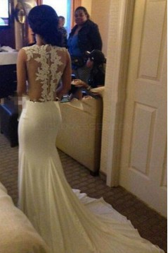 Mermaid Long White Illusion Neckline Lace Prom Dresses Evening Gowns 3020221