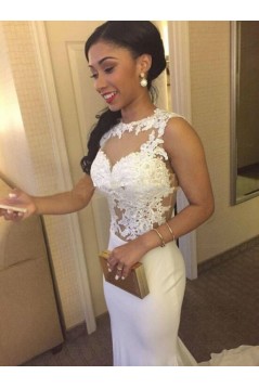 Mermaid Long White Illusion Neckline Lace Prom Dresses Evening Gowns 3020221