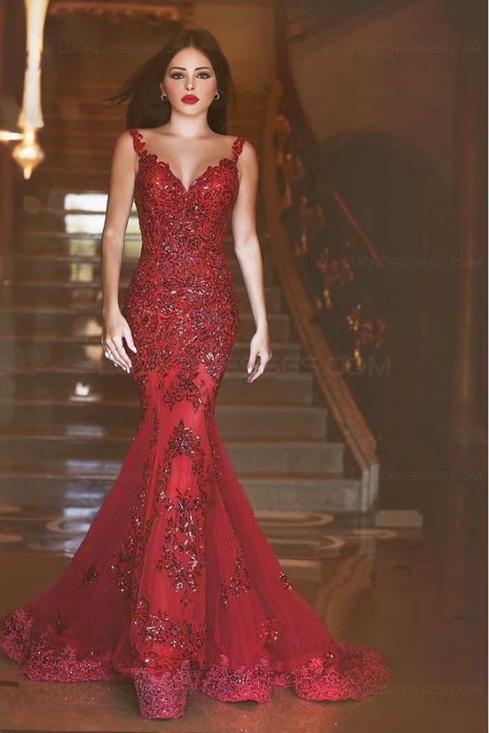 Mermaid Long Red Lace Prom Dresses Party Evening Gowns 3020242