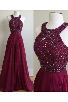 A-Line Burgundy Beaded Chiffon Prom Dresses Party Evening Gowns 3020244
