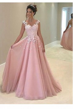 A-Line Long Pink Lace Prom Dresses Party Evening Gowns 3020248