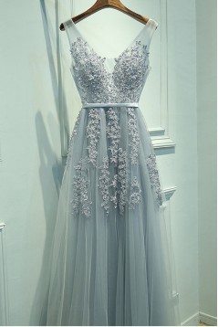 A-Line V-Neck Lace Appliques Tulle Prom Dresses Party Evening Gowns 3020251