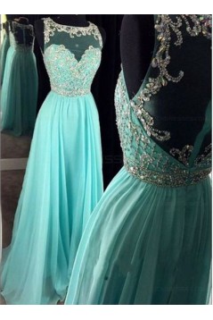 Beaded Illusion Neckline Long Blue Prom Dresses Party Evening Gowns 3020255