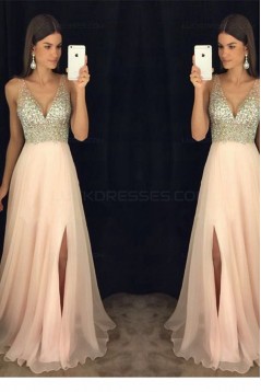 A-Line V-Neck Beaded Sequins Long Chiffon Prom Dresses Party Evening Gowns 3020276