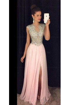 Beaded Long Pink Chiffon Prom Dresses Party Evening Gowns 3020277