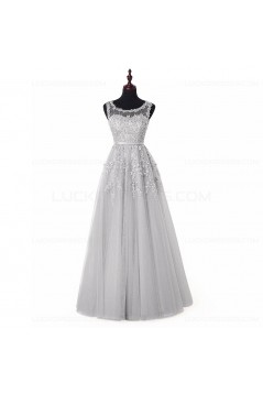A-Line Illusion Neckline Lace Long Prom Dresses Party Evening Gowns 3020287