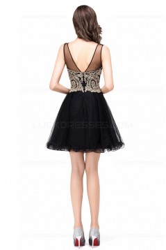 A-Line Illusion Neckline Gold Lace Appliques Short Prom Dresses Party Evening Gowns 3020290