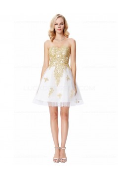 Short White Gold Lace Appliques Prom Dresses Party Evening Gowns 3020292