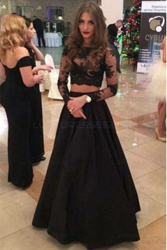 Two Pieces Long Sleeves Black Lace Prom Dresses Party Evening Gowns 3020296