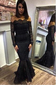 Mermaid Off-the-Shoulder Long Sleeve Black Lace Prom Dresses Party Evening Gowns 3020297