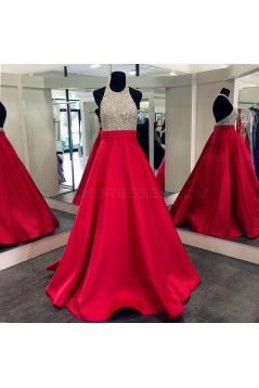 A-Line Halter Sequins and Satin Long Red Prom Dresses Party Evening Gowns 3020309