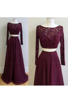 Two Pieces Long Sleeves Lace Chiffon Prom Dresses Party Evening Gowns 3020324