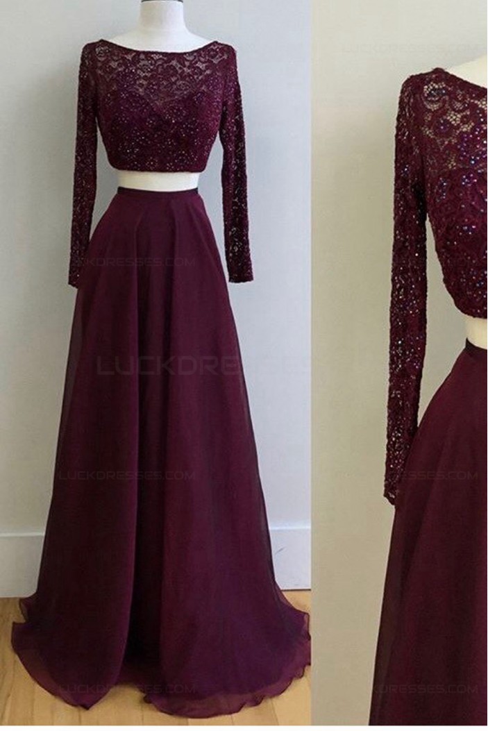 Two Pieces Long Sleeves Lace Chiffon Prom Dresses Party Evening Gowns 3020324