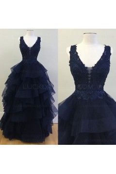 Long Navy V-Neck Lace Prom Dresses Party Evening Gowns 3020338