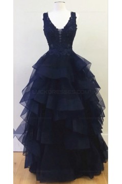 Long Navy V-Neck Lace Prom Dresses Party Evening Gowns 3020338