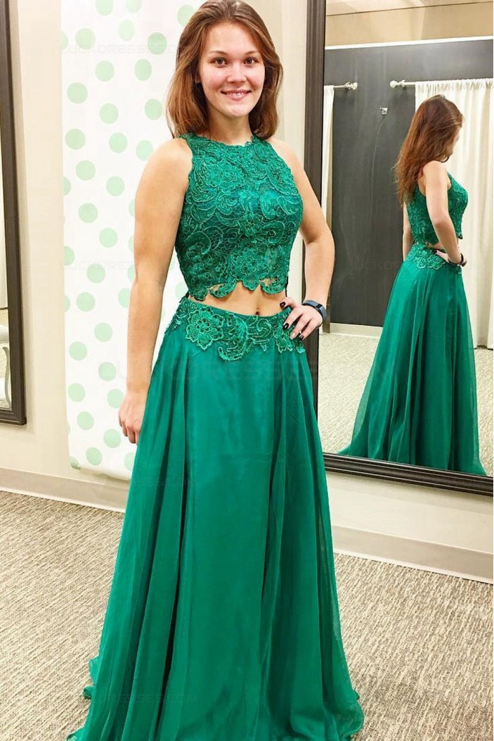 Long Green Two Pieces Lace Prom Dresses Party Evening Gowns 3020347
