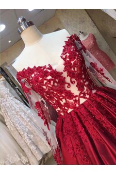 Long Sleeves Lace Satin Off-the-Shoulder Prom Dresses Party Evening Gowns 3020362