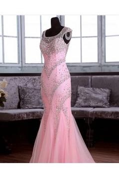 Long Pink Beaded Mermaid Lace Tulle Prom Dresses Party Evening Gowns 3020370