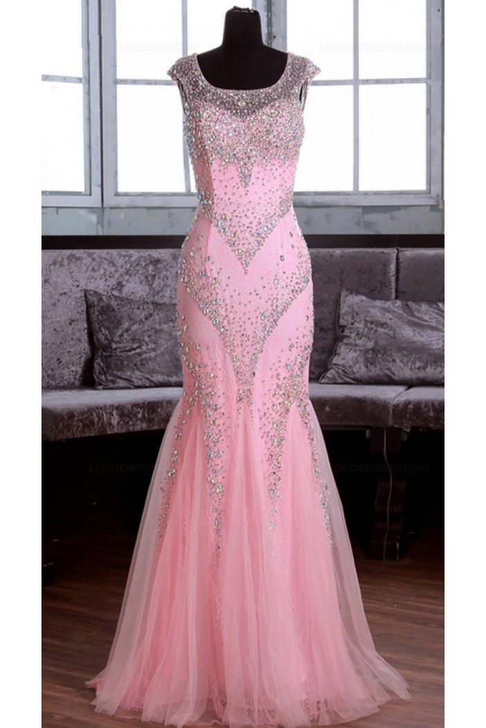 Long Pink Beaded Mermaid Lace Tulle Prom Dresses Party Evening Gowns 3020370