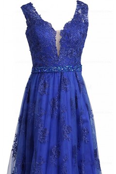 A-Line Long Blue Beaded Lace Prom Dresses Party Evening Gowns 3020372