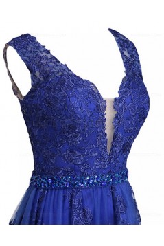 A-Line Long Blue Beaded Lace Prom Dresses Party Evening Gowns 3020372